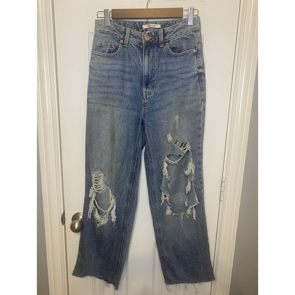 PACSUN Denim Jeans Women's 25 Baggy Distressed Wide Leg High Waist Button Fly
